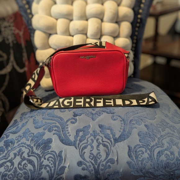 Karl Lagerfeld PARIS Red Leather  Maybelle Crossbody With Logo Strap - Picture 1 of 11